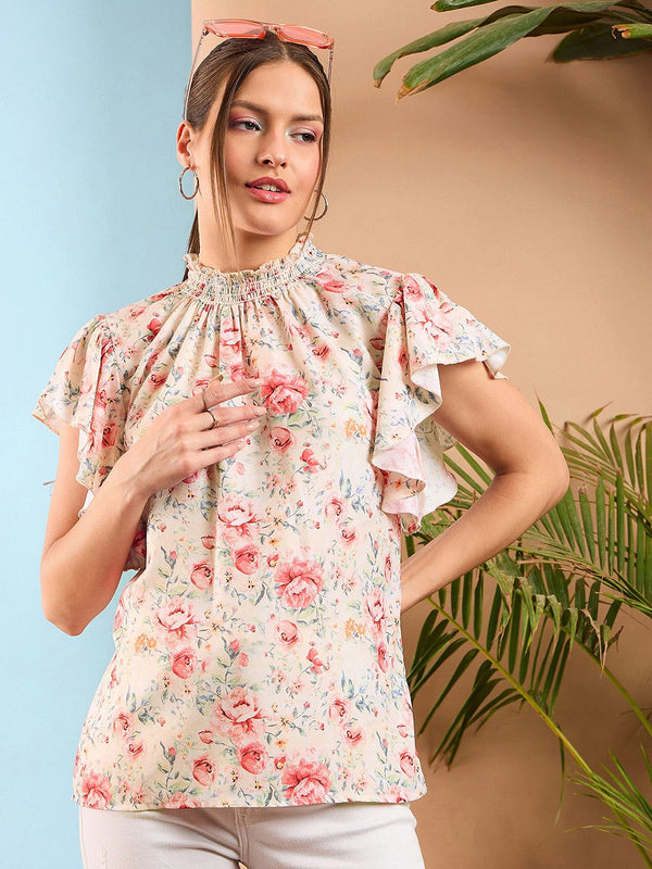 SASSAFRAS Floral Print Flared Sleeve Smocked Top