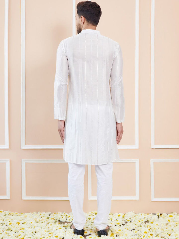 See Designs Striped Mandarin Collar Sequins Straight Kurta