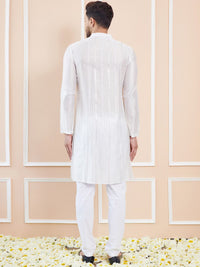 See Designs Striped Mandarin Collar Sequins Straight Kurta