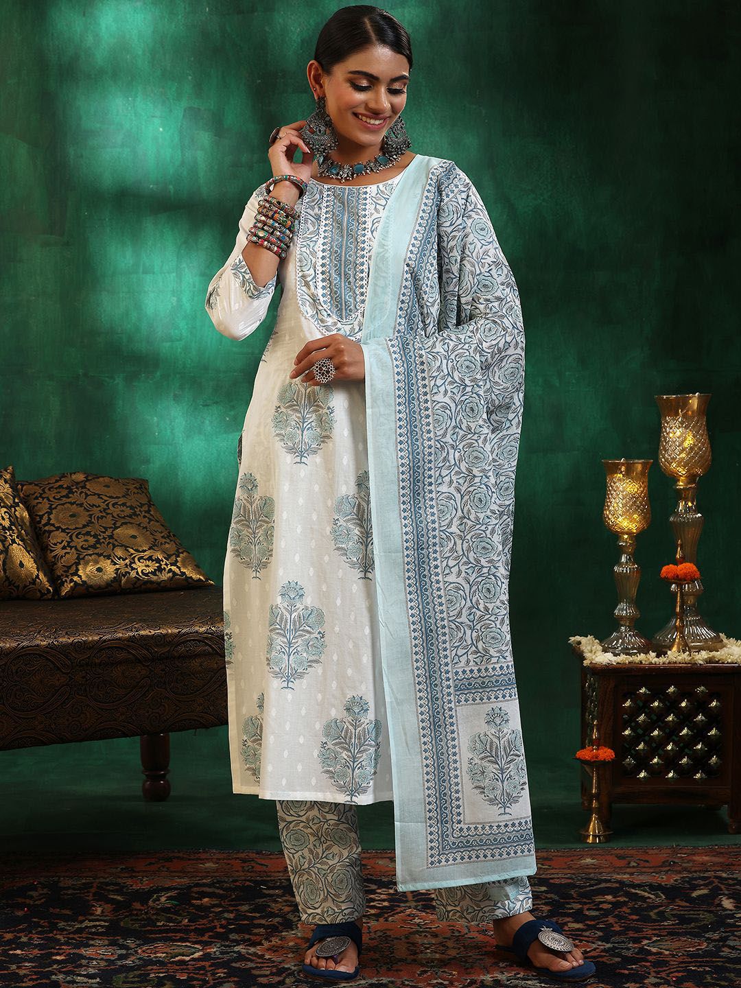Libas Floral Printed Gotta Patti Pure Cotton Straight Kurta with Trousers & Dupatta