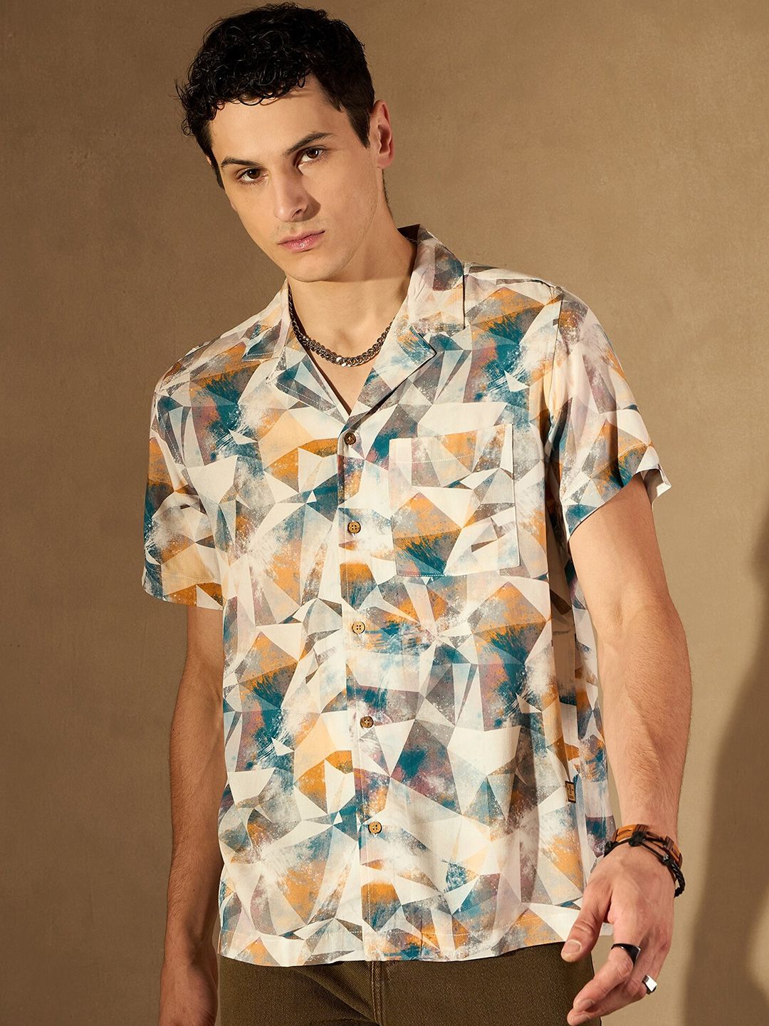 DENNISON Abstract Printed Cuban Collar Smart Oversized Casual Shirt