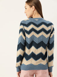 DressBerry Women Navy Blue & Beige Chevron Pullover Sweater