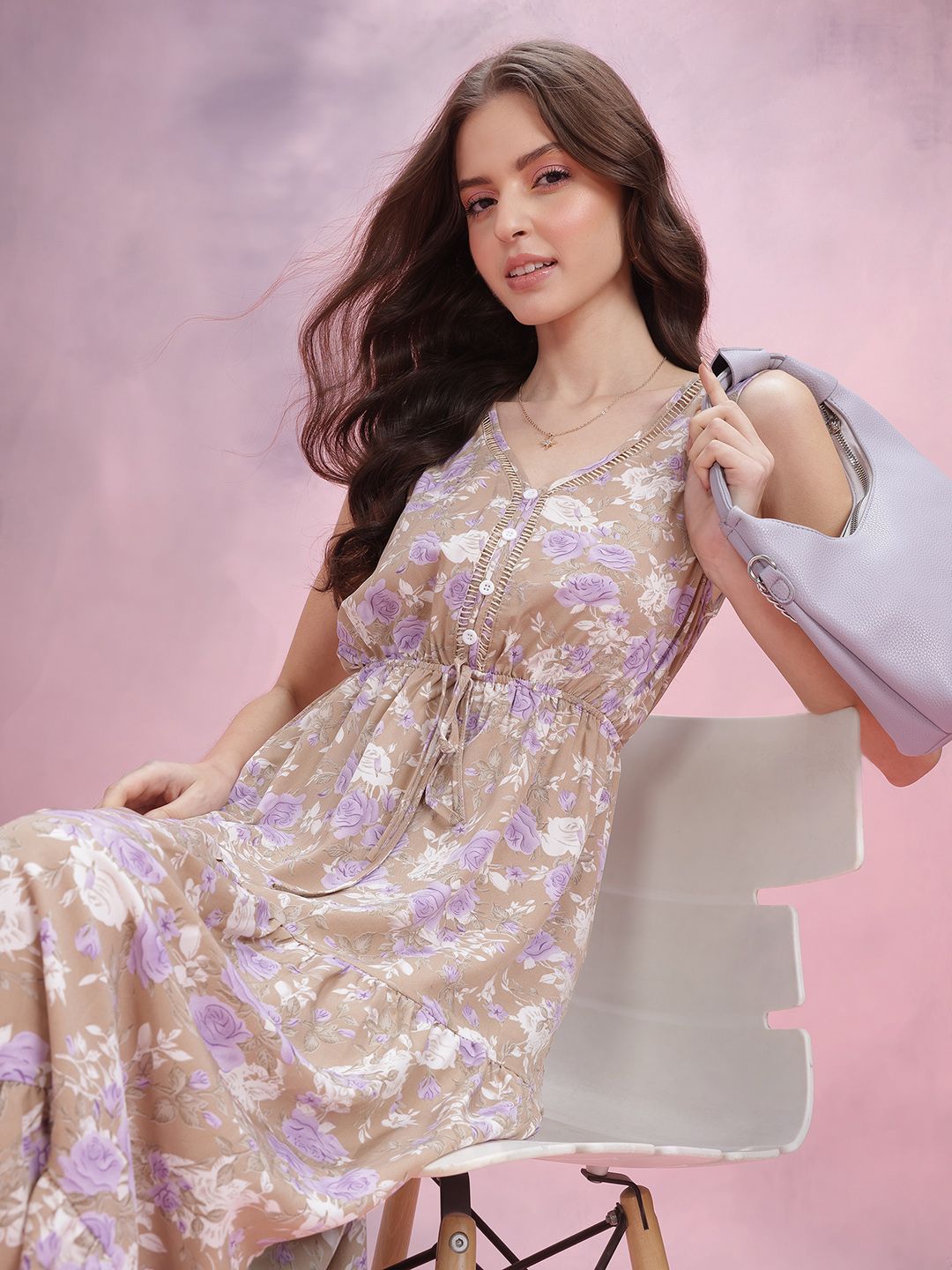 DressBerry V-Neck Floral Printed Tired A-Line Midi Dress