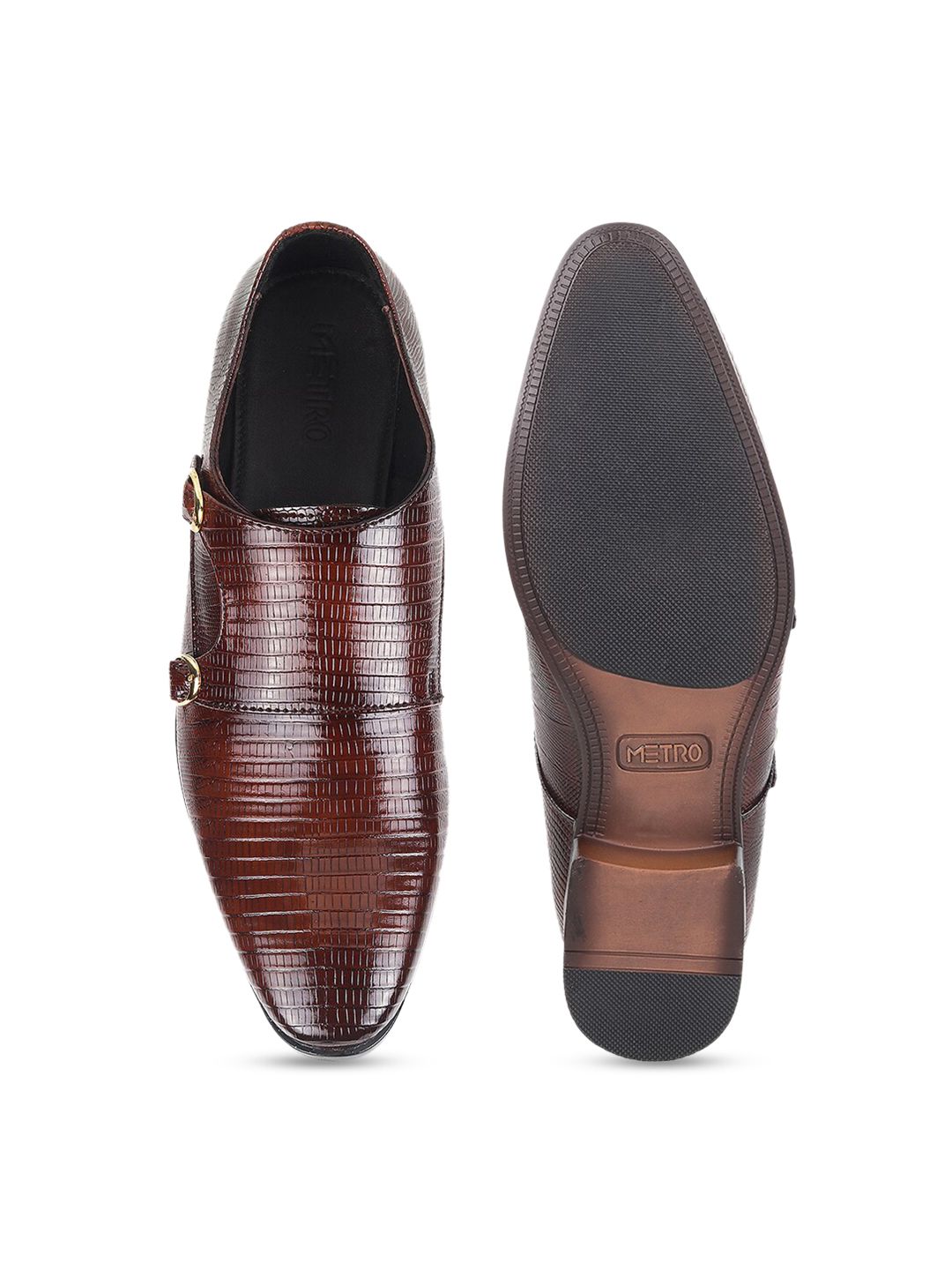 Metro Men Textured Leather Formal Monk Shoes With Buckle Detail