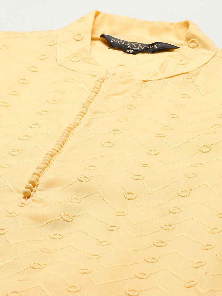 SOJANYA Kurta Kapas Tulen Chikankari Kuning Lelaki dengan Jaket Churidar & Nehru