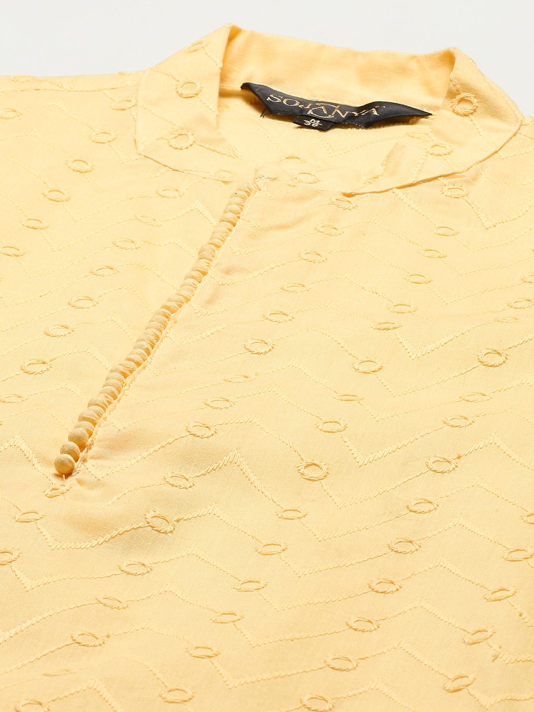 SOJANYA Kurta Kapas Tulen Chikankari Kuning Lelaki dengan Jaket Churidar & Nehru