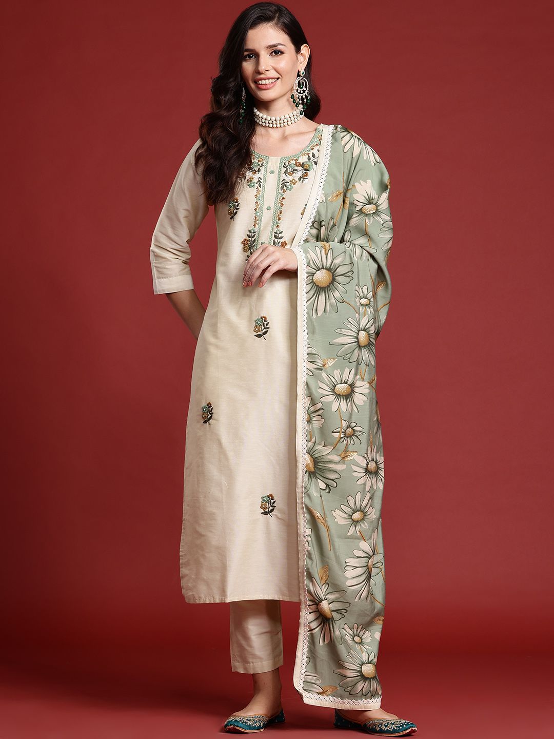 Indo Era Floral Embroidered Thread Work Kurta with Trousers & With Dupatta