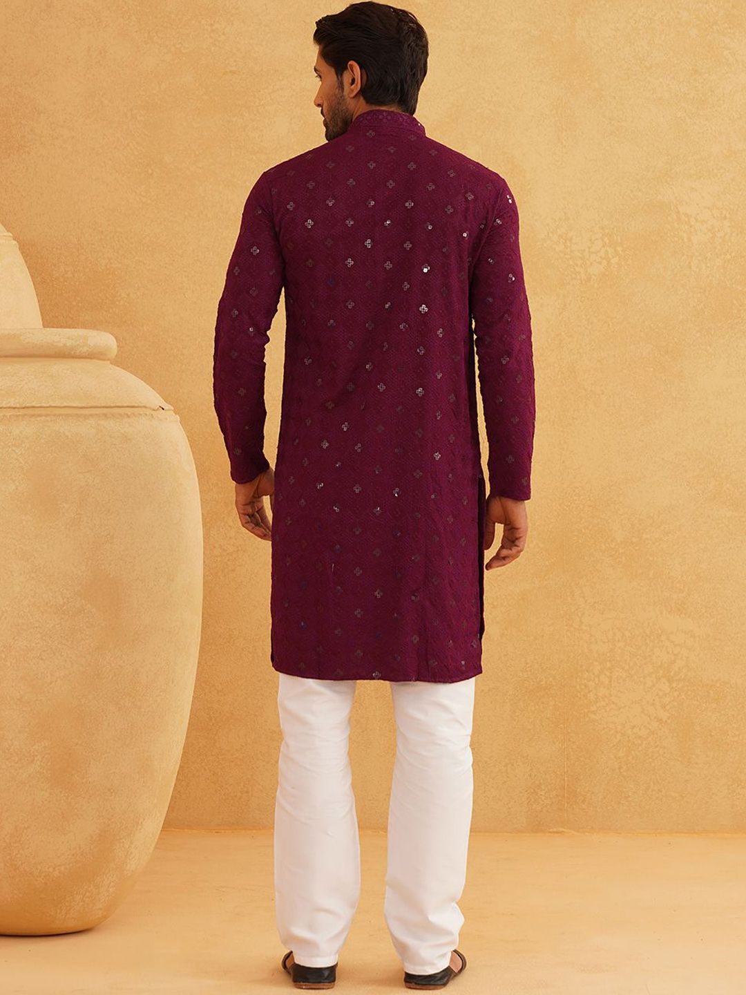 SOJANYA Geometric Embroidered Mandarin Collar Sequinned Pure Cotton Kurta with Churidar