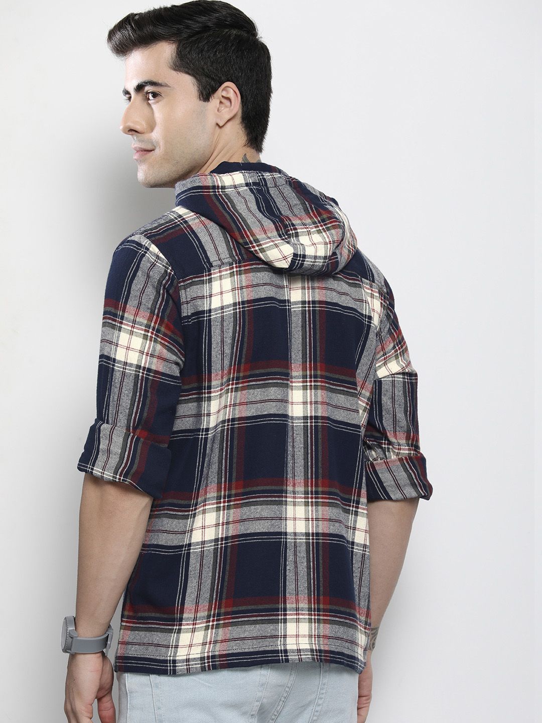 The Indian Garage Co Men Checkered Hooded Shirt with Double Flap Pockets