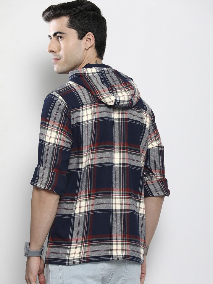 The Indian Garage Co Men Checkered Hooded Shirt with Double Flap Pockets