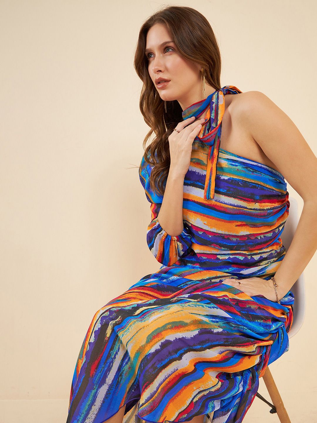 Antheaa Blue Abstract Printed One Shoulder Puff Sleeves Ruched Georgette A-Line Midi Dress