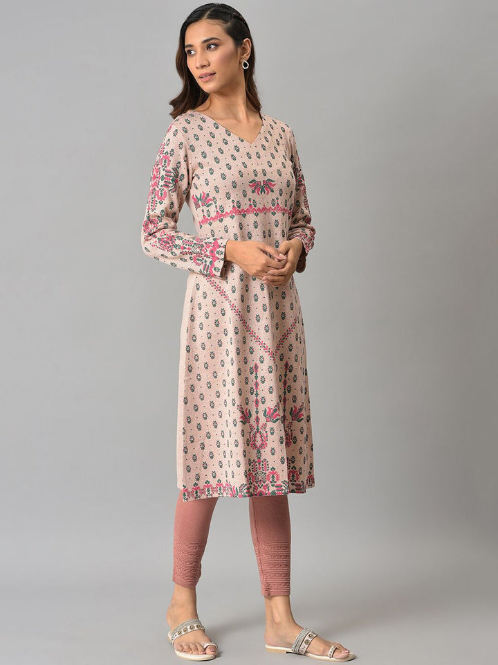 W Women Pink Ethnic Motifs Printed V-Neck Kurta