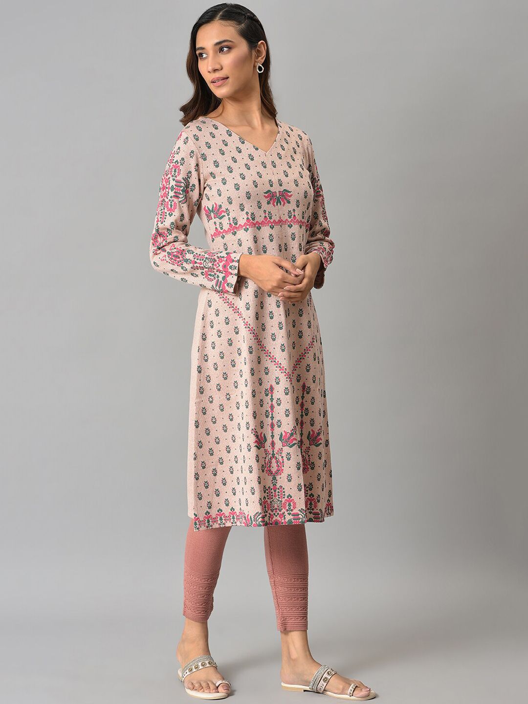 W Women Pink Ethnic Motifs Printed V-Neck Kurta