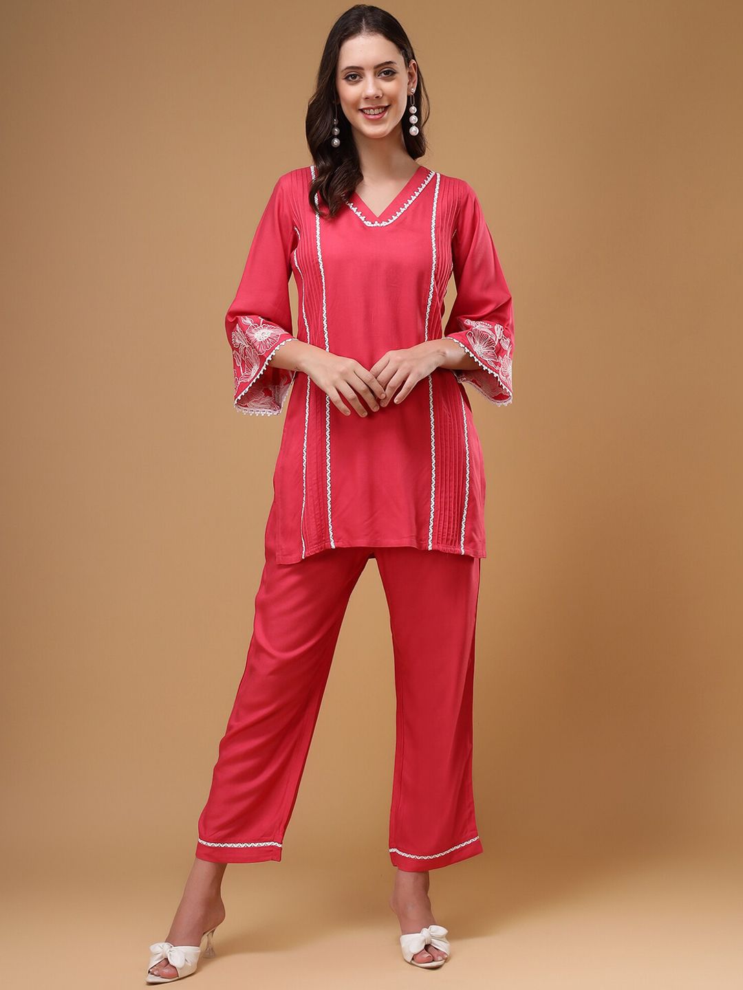 Bani Women Floral Embroidered V-Neck Lace Top & Flared Trouser