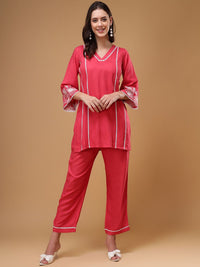 Bani Women Floral Embroidered V-Neck Lace Top & Flared Trouser