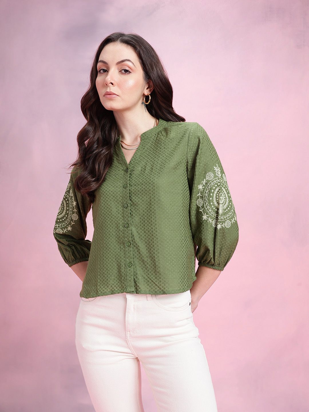 DressBerry Mandarin Collar Puff Sleeve Embroidered Cotton Top