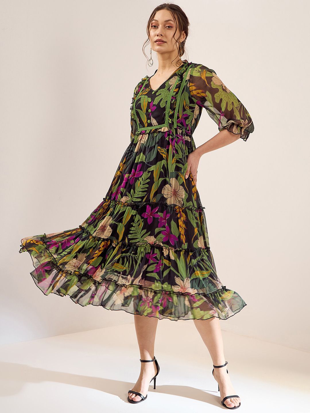 Antheaa Black & Green Floral Printed Puff Sleeves Gathered Tiered Fit & Flare Midi Dress