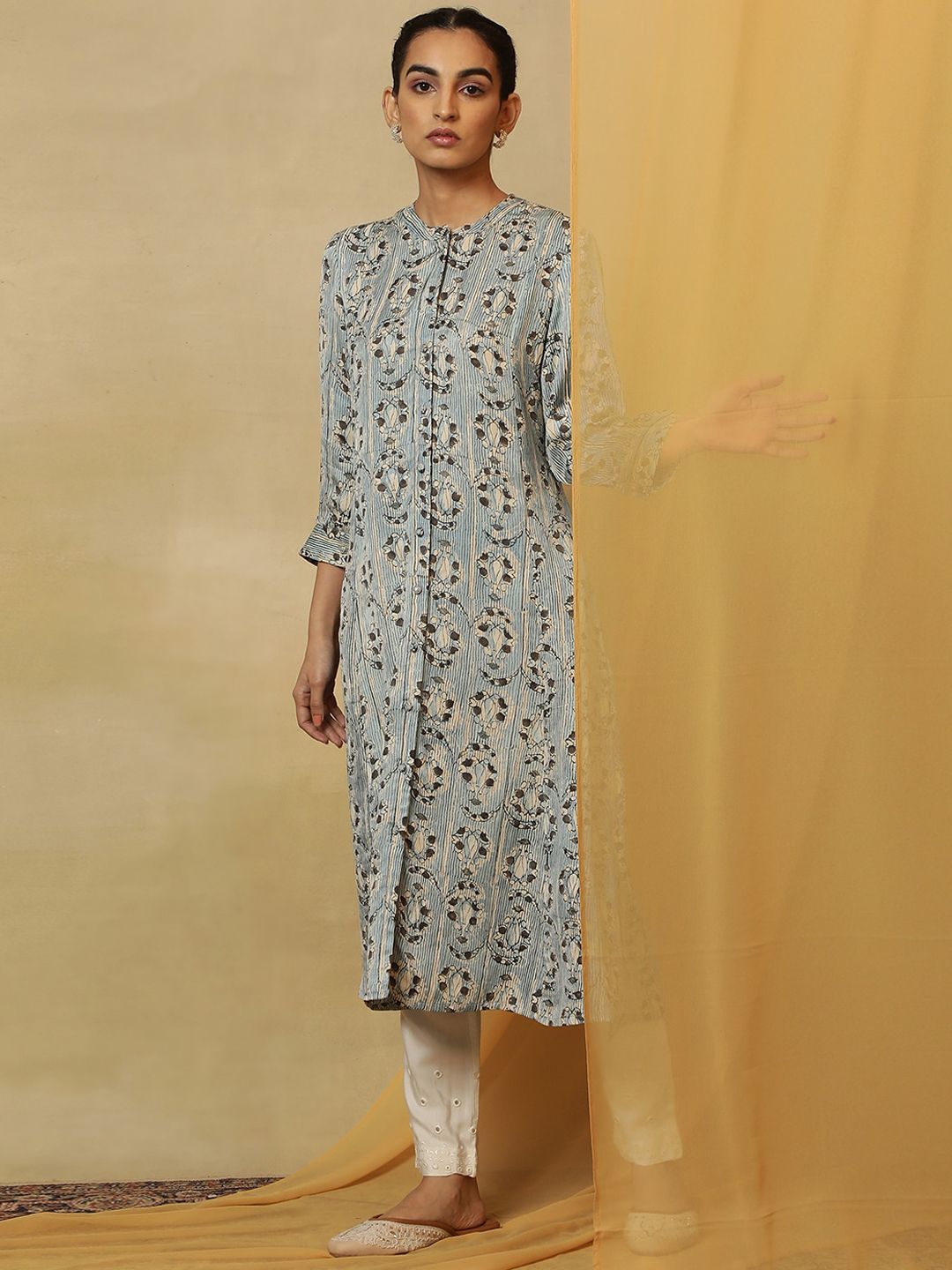 W Blue Ethnic Motifs Printed Pastel Kurta