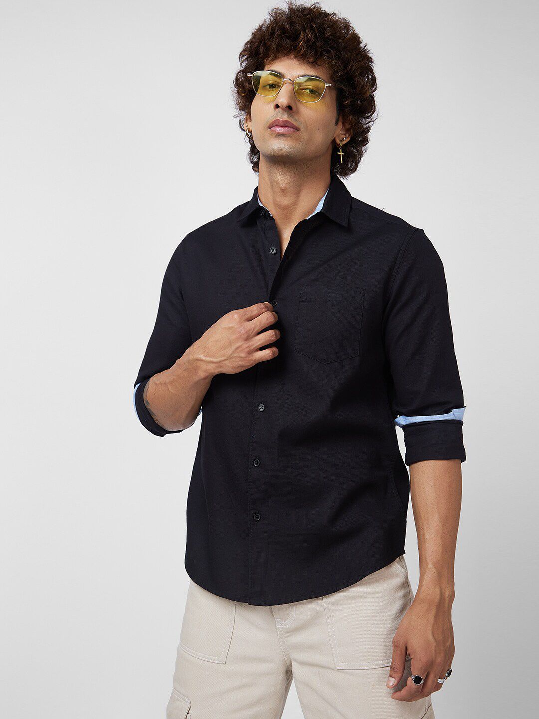 VASTRADO Classic Slim Fit Textured Self Design Cotton Casual Shirt