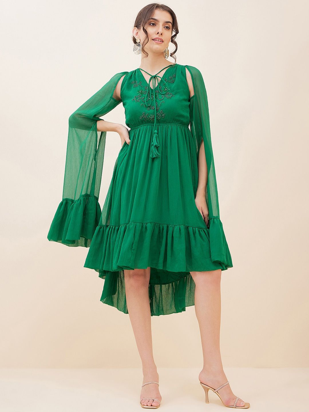 Antheaa Embellished Tie-Up Neck Bell Sleeves Empire Midi Dress