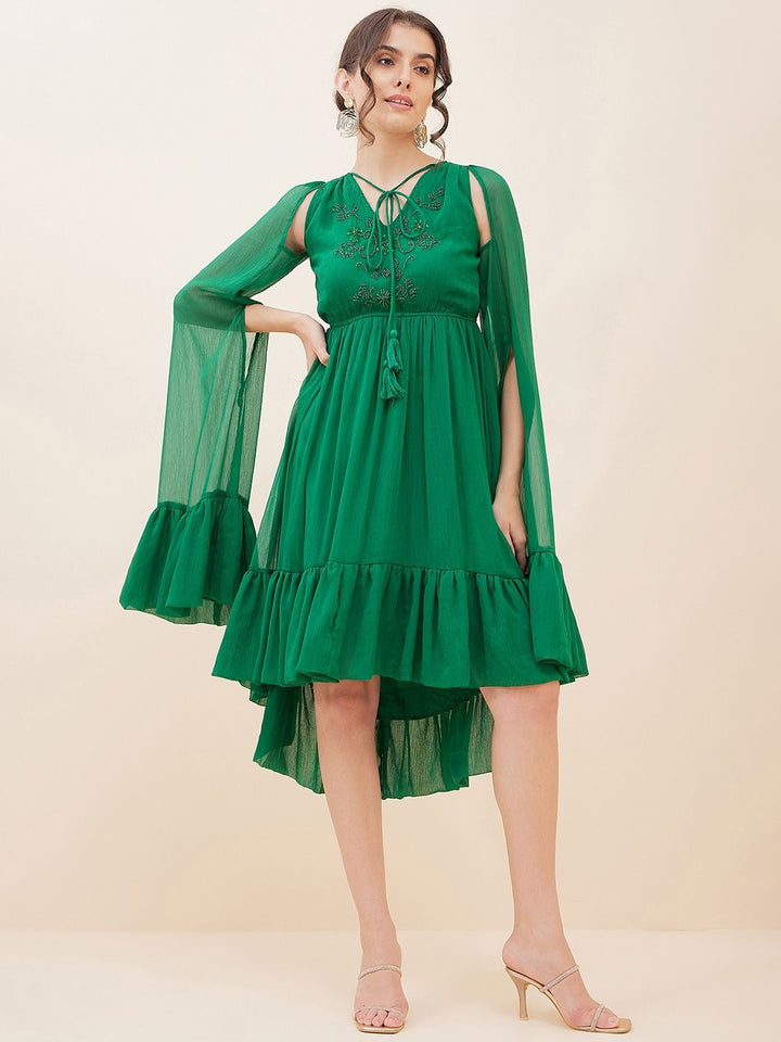 Antheaa Embellished Tie-Up Neck Bell Sleeves Empire Midi Dress