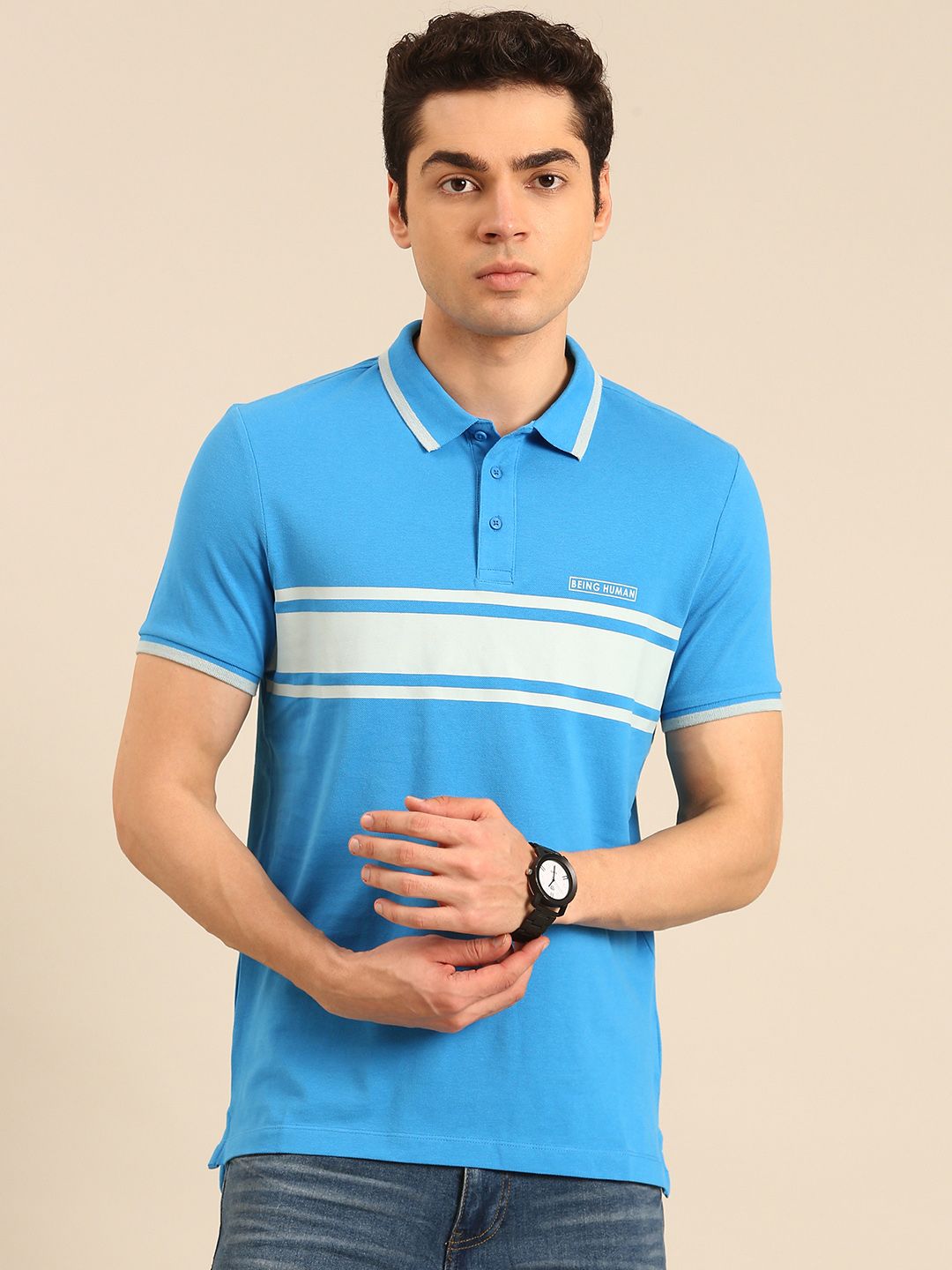 Being Human Striped Polo Collar Pure Cotton T-shirt
