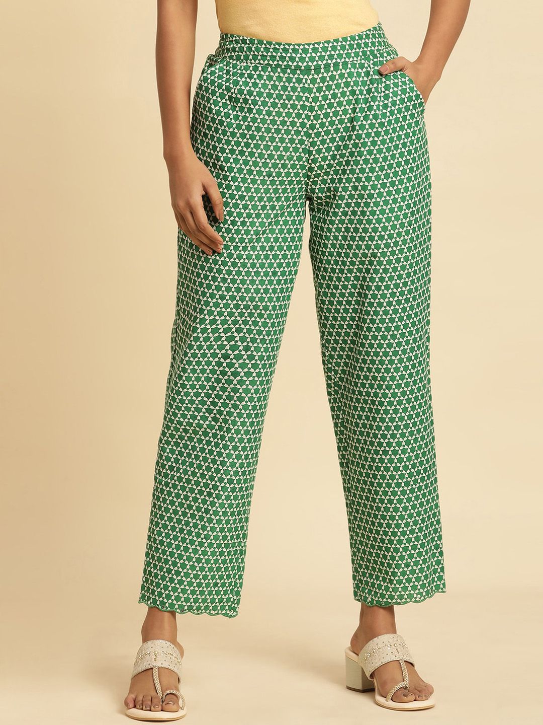 W Women Green Geometric Printed Pure Cotton Trouser