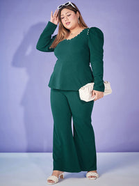 SASSAFRAS Curve Green Plus Size Top With Bell Bottom Trouser