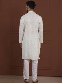 SOJANYA LUXE Motif Etnik Bersulam Kolar Mandarin Kurta Sutera Lurus Kapas & Piyama