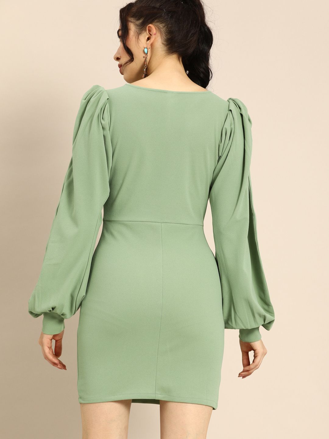 Athena Vintage Olive Green Puff Sleeves Bodycon Dress