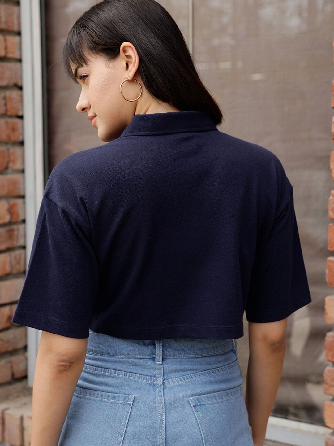 STREET 9 BASICS Navy Blue Polo Collar Drop Shoulder Sleeves Crop Pure Cotton Oversized T-shirt