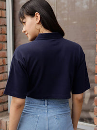 STREET 9 BASICS Navy Blue Polo Collar Drop Shoulder Sleeves Crop Pure Cotton Oversized T-shirt