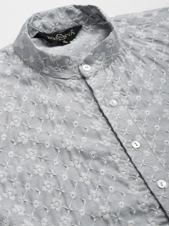SOJANYA Men Grey Chikankari Embroidered Kurta with Churidar & Nehru Jacket