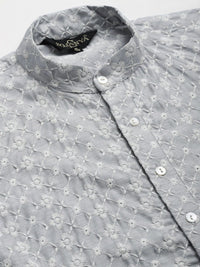 SOJANYA Men Grey Chikankari Embroidered Kurta with Churidar & Nehru Jacket