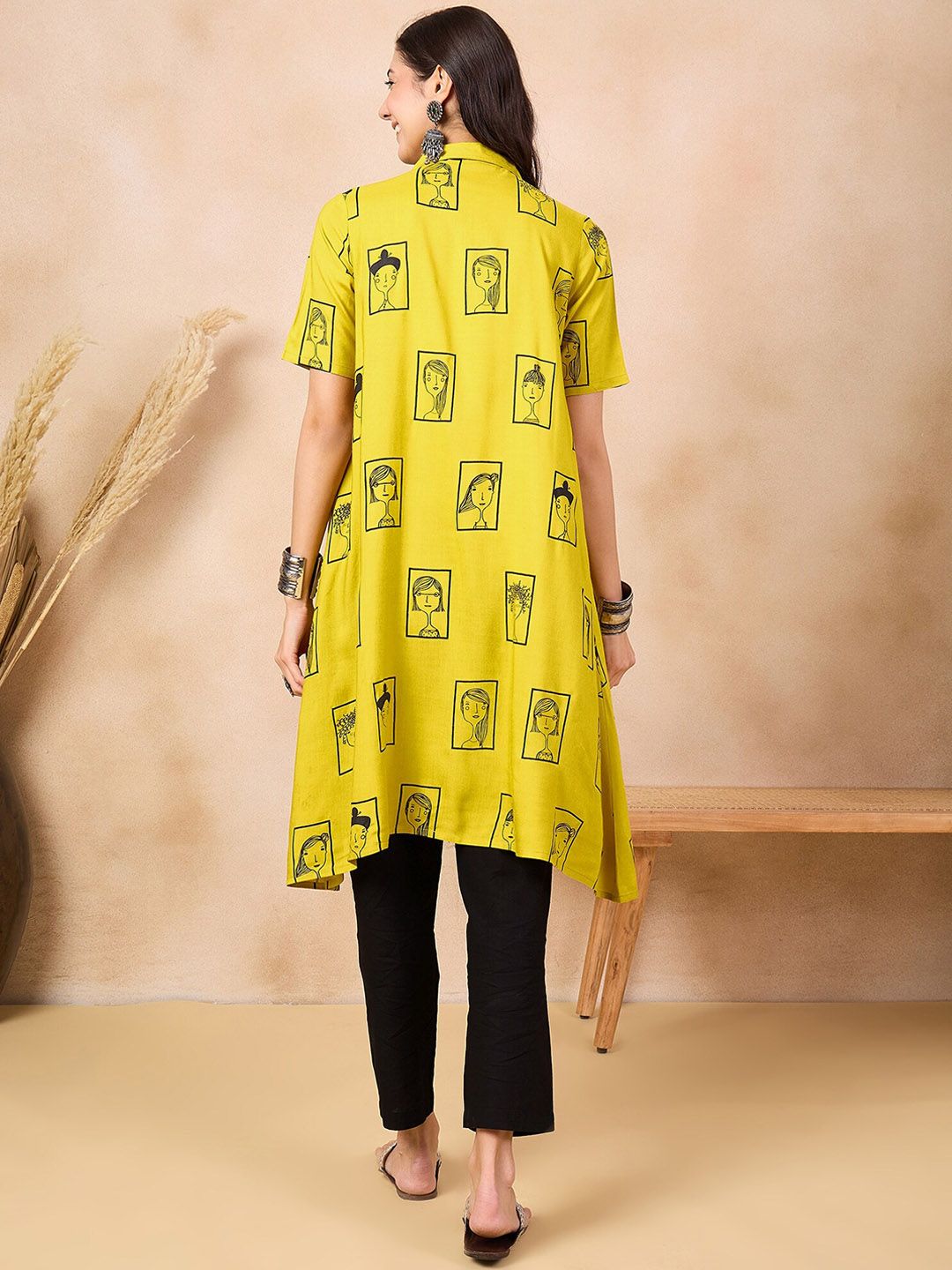 Anouk Mustard Yellow Ethnic Motifs Dicetak Shirt Collar A-Line Kurta
