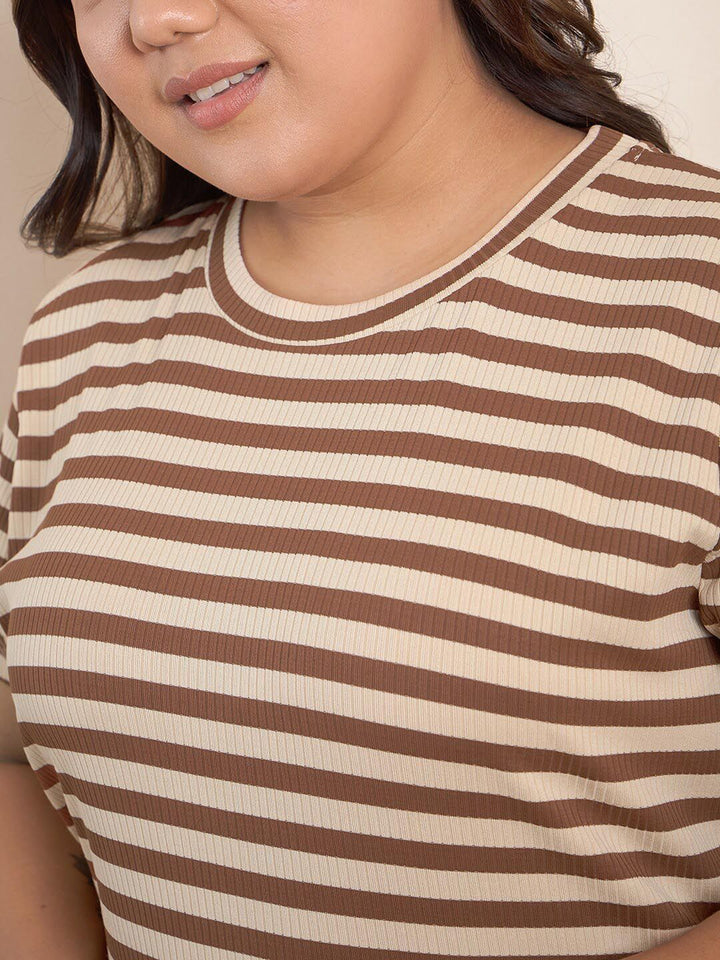 Curvy Street Brown Plus Size Striped Midi T-Shirt Dress