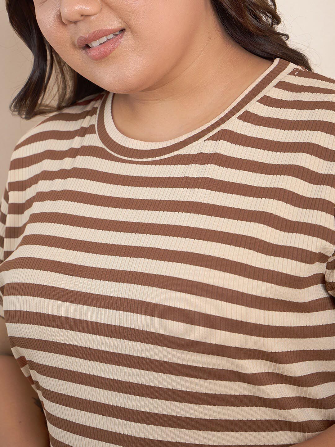 Curvy Street Brown Plus Size Striped Midi T-Shirt Dress