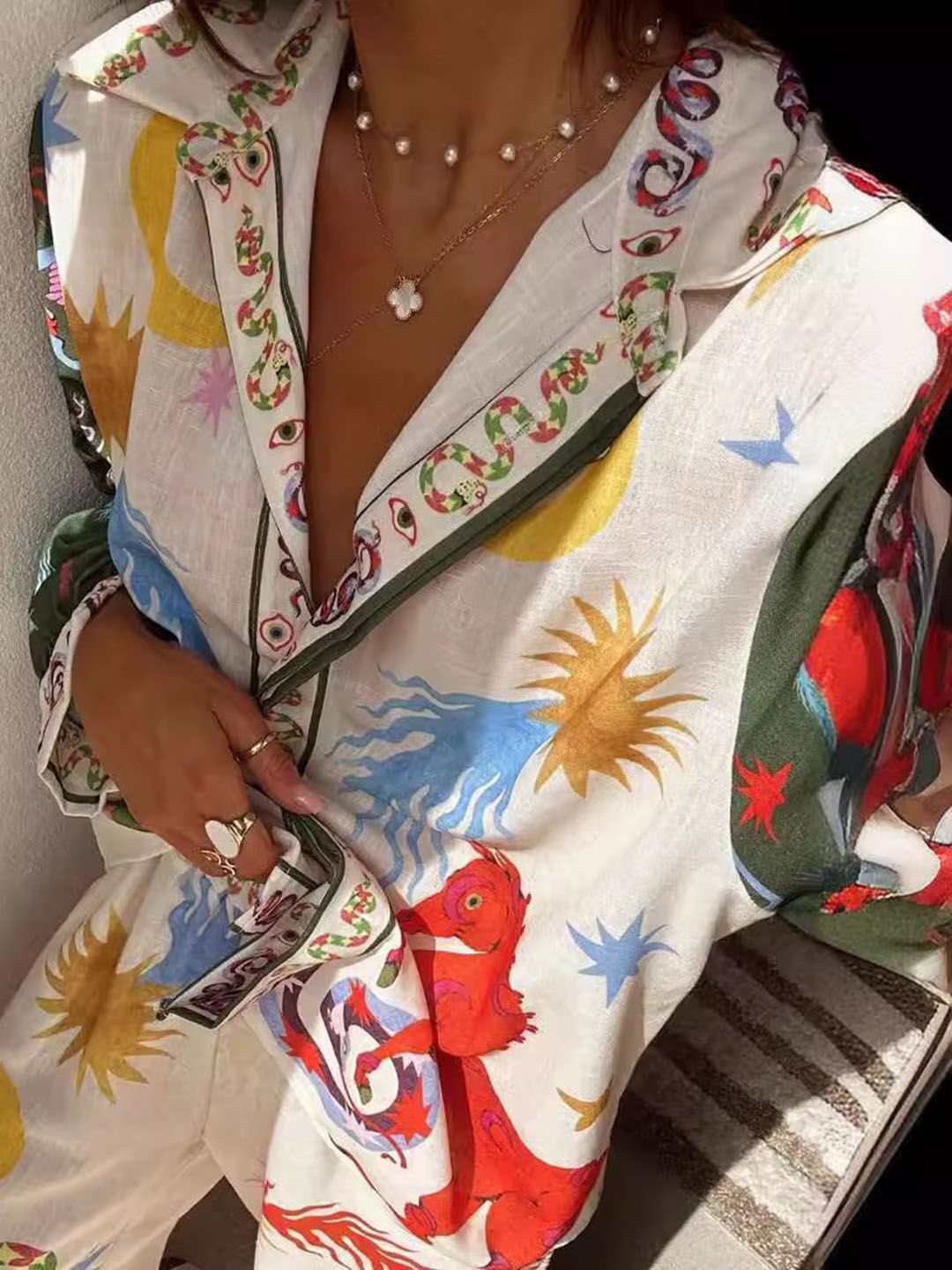 all about you Quirky Printed Notched Lapel Collar Shirt & Palazzos