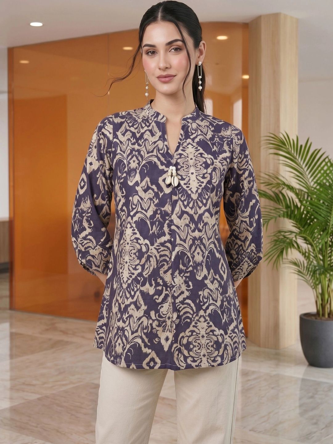 Mamicha Print Mandarin Collar Bell Sleeve Cotton Top