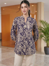 Mamicha Print Mandarin Collar Bell Sleeve Cotton Top