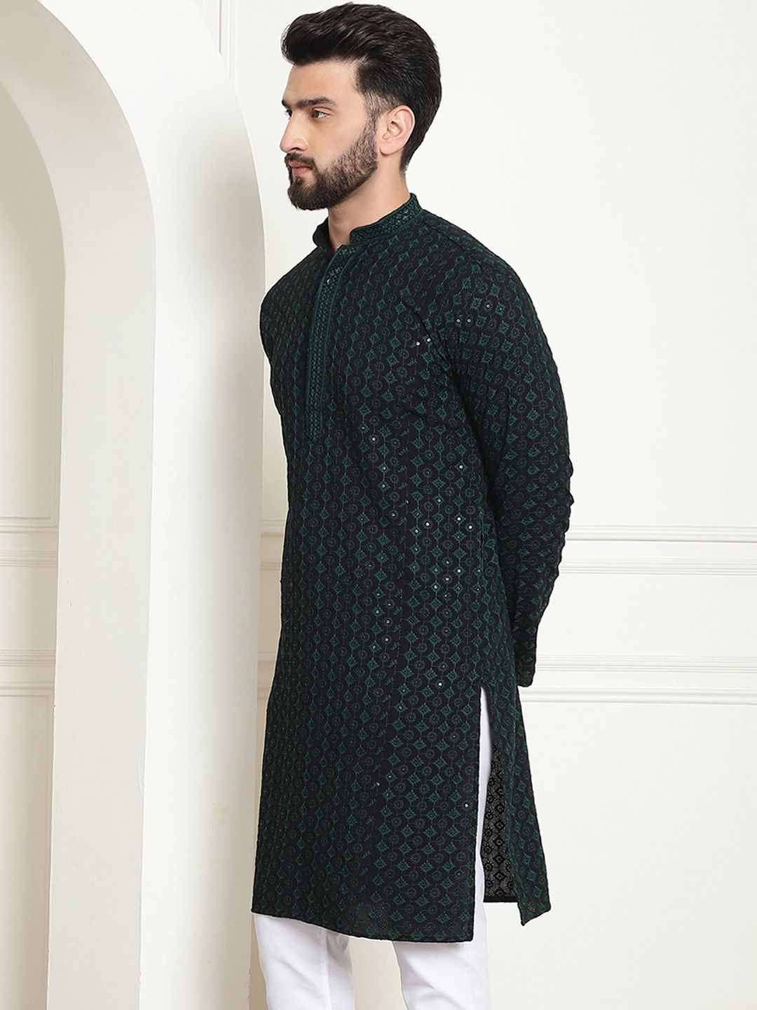 SOJANYA Ethnic Motifs Embroidered Mandarin Collar Sequined Pure Cotton Straight Kurta