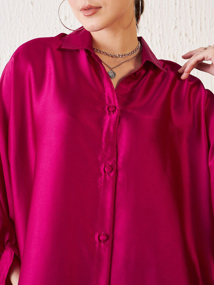 Antheaa Pink Comfort Fit Kimono Sleeves Longline Satin Shirt