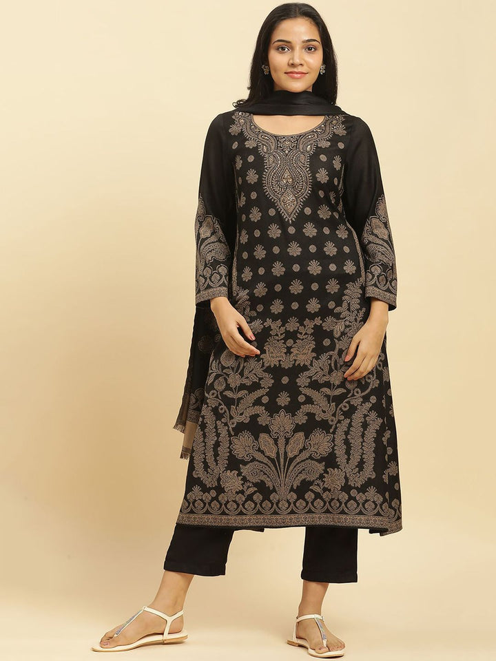 W Black Floral Woven Design Regular Sequinned Straight Kurta With Trouser With Dupatta