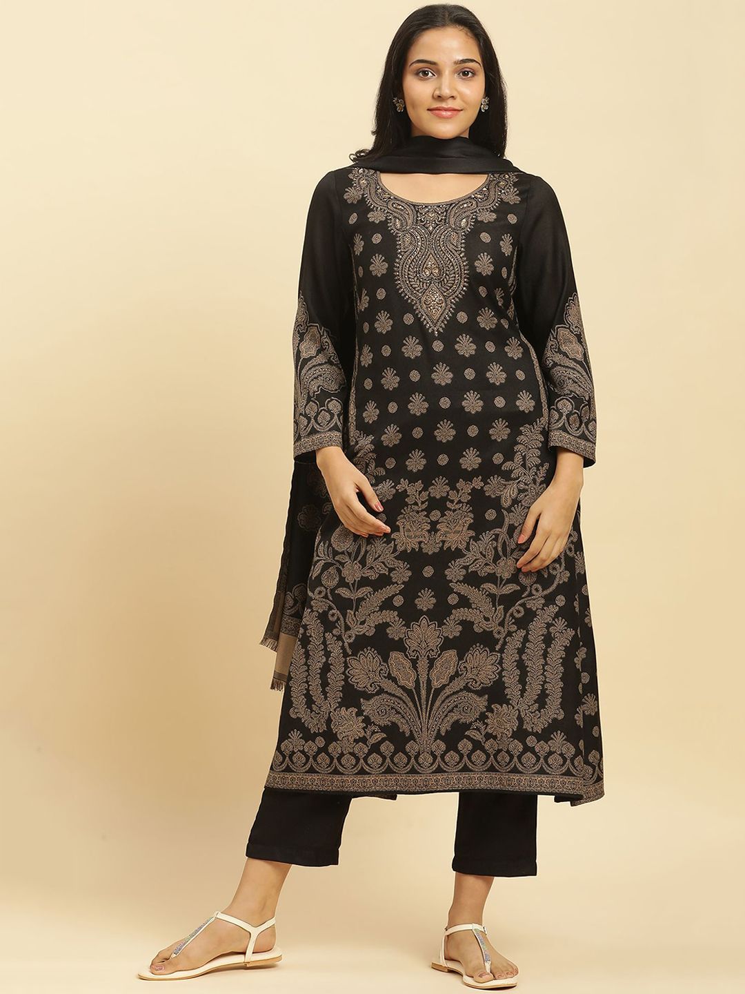 W Black Floral Woven Design Regular Sequinned Straight Kurta With Trouser With Dupatta