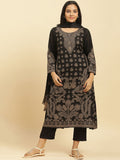 W Black Floral Woven Design Regular Sequinned Straight Kurta With Trouser With Dupatta