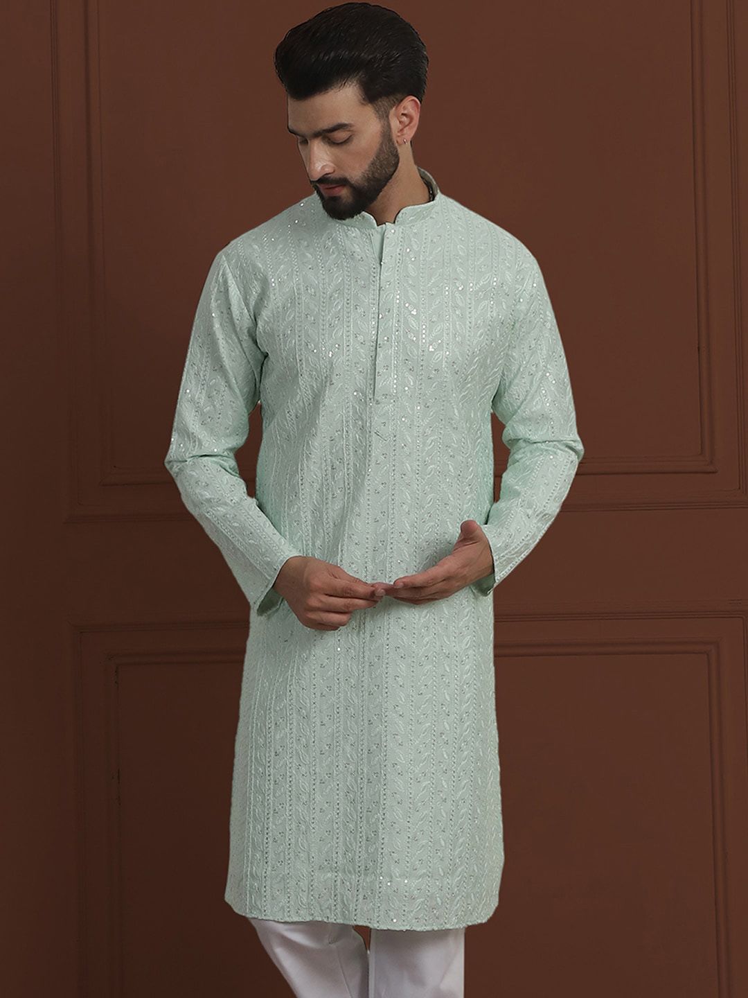 SOJANYA LUXE Sulam Bunga Labuci Mandarin Kolar Kapas Kurta Lurus Sutera