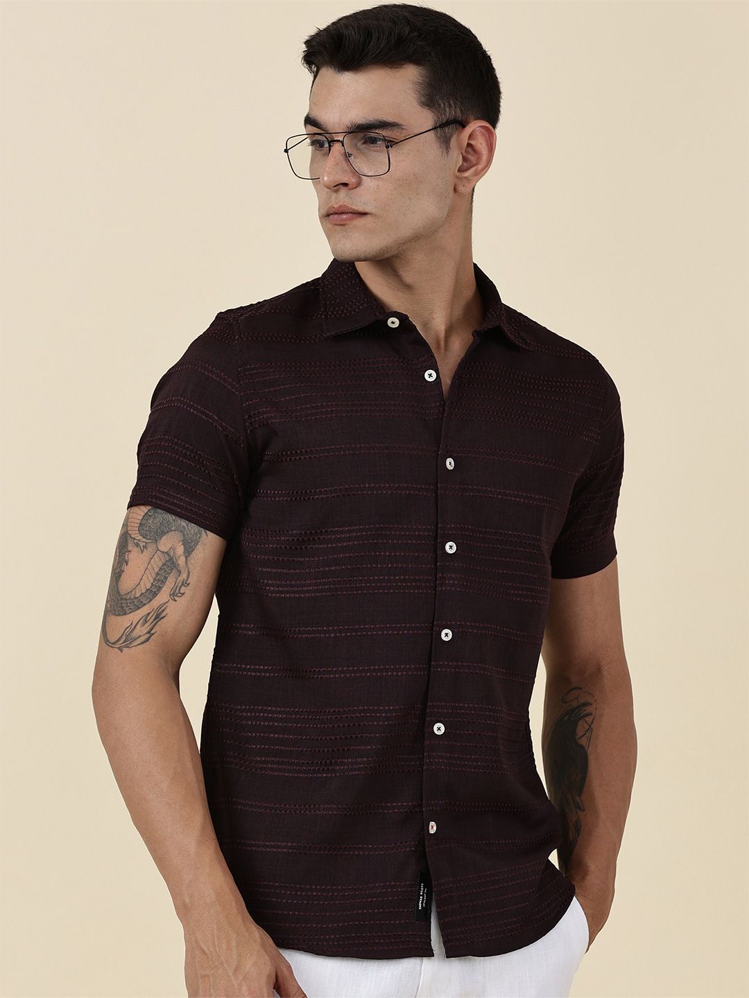 Thomas Scott Men Classic Slim Fit Horizontal Stripes Opaque Printed Casual Shirt
