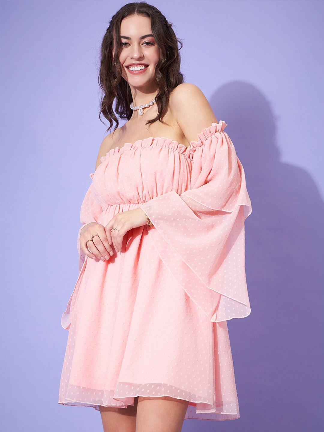 Berrylush Self Design Off-Shoulder Ruffled A-Line Dress