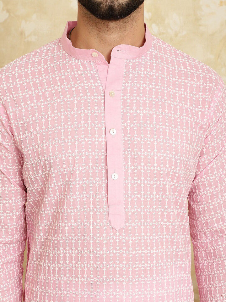 SOJANYA Floral Embroidered Band Collar Pastels Pure Cotton Straight Kurta
