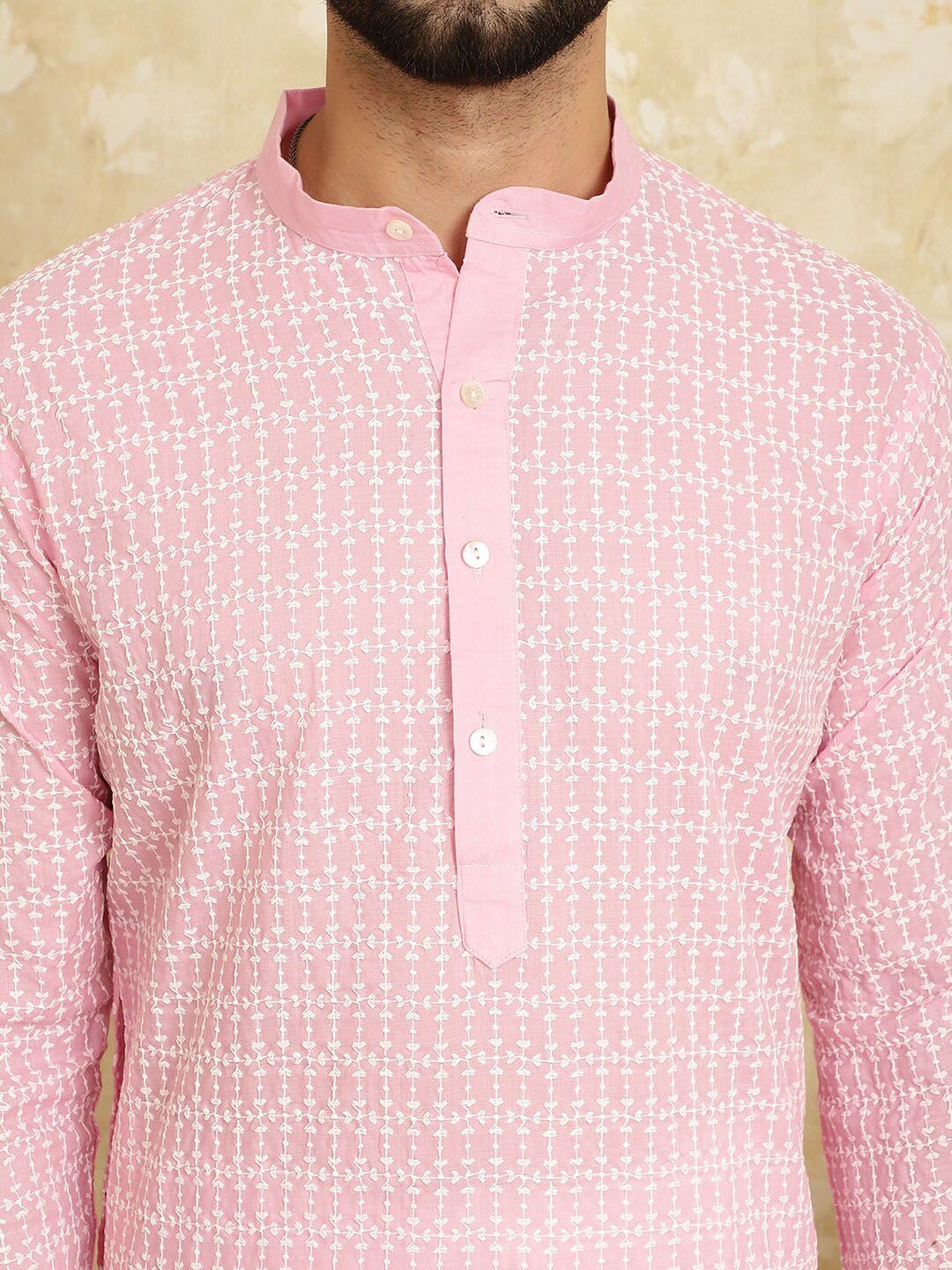 SOJANYA Floral Embroidered Band Collar Pastels Pure Cotton Straight Kurta